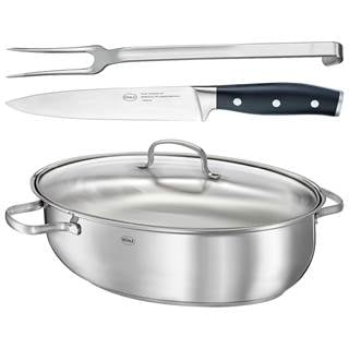 *"Elegance", roasting pan with glass lid, meat knife, and meat fork. While stock lasts. Cannot be combined with other discounts. (RRP €164.85 | outlet price €137.95)