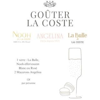 1 glass of La Bulle, Nooh effervescent white or rosé and 2 macarons from Angelina for €12 per person. 